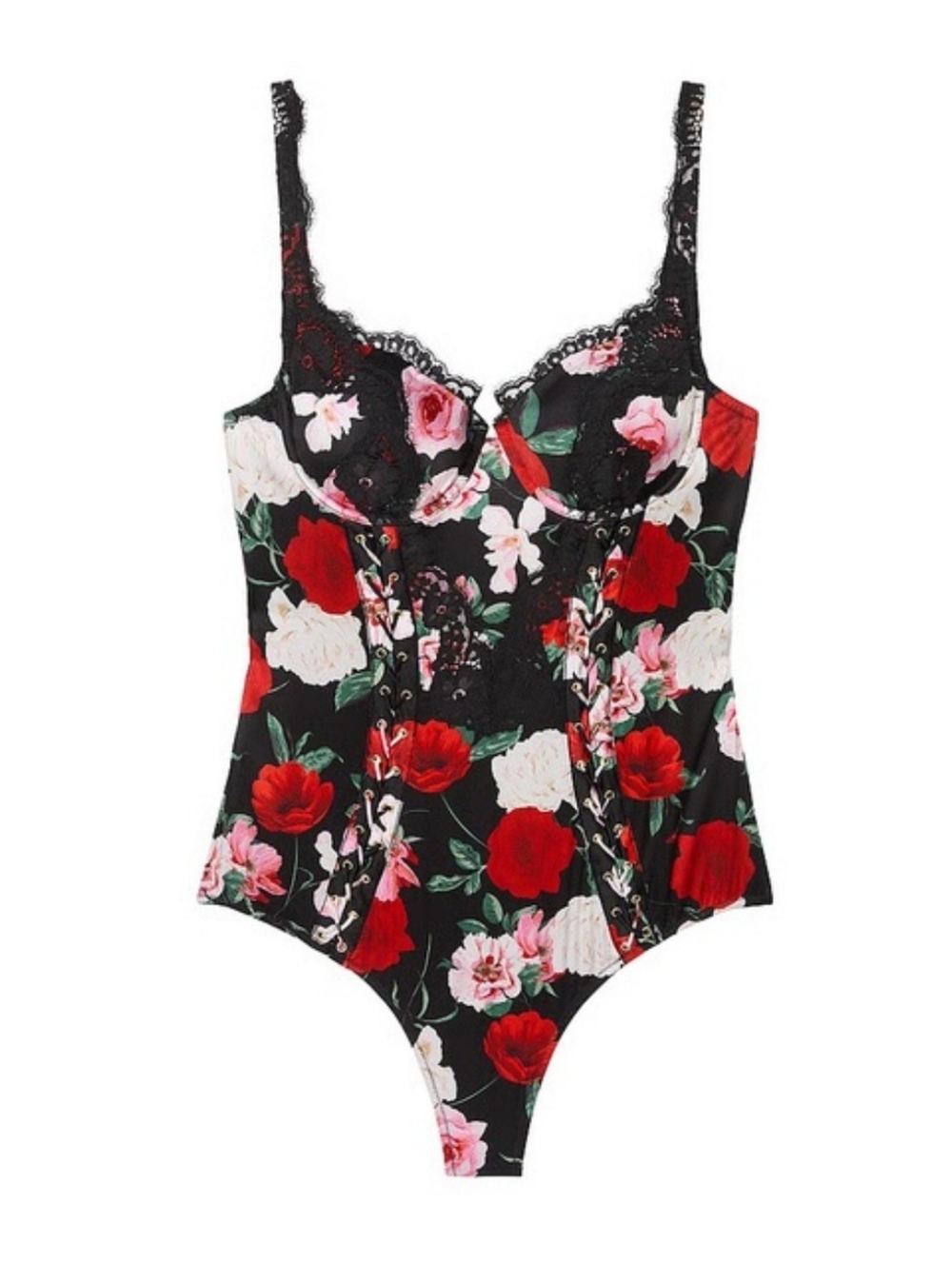 NWT Very Sexy Atelier Victoria's Secret Noir Satin Lace-Trim Cupped Bodysuit M